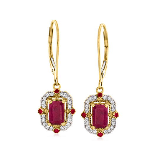 Ross-Simons Ruby and . Diamond Drop Earrings in 14kt Yellow Gold