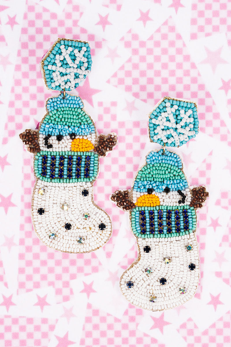 Snowman In A Blue Stocking Seed Bead Earrings