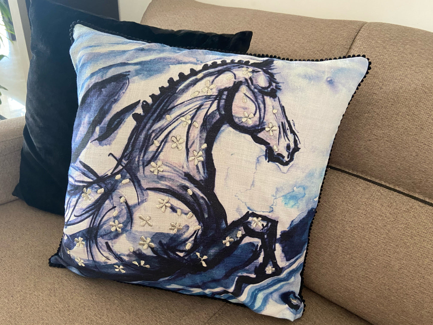 Embroidered Blue Decorative Pillow