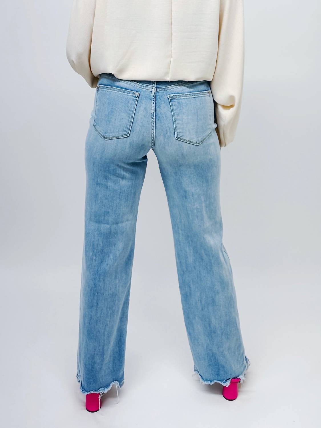 High Waisted Destroyed Hem Straight Leg Jeans In Light Wash Denim