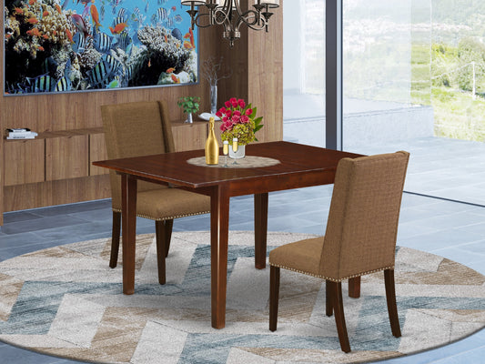 East West Furniture MLFL3-MAH-18 3 Piece Dining Table Set Contains a Rectangle Dinner Table with Butterfly Leaf and 2 Brown Linen Linen Fabric Upholstered Chairs, 36x54 Inch, Mahogany