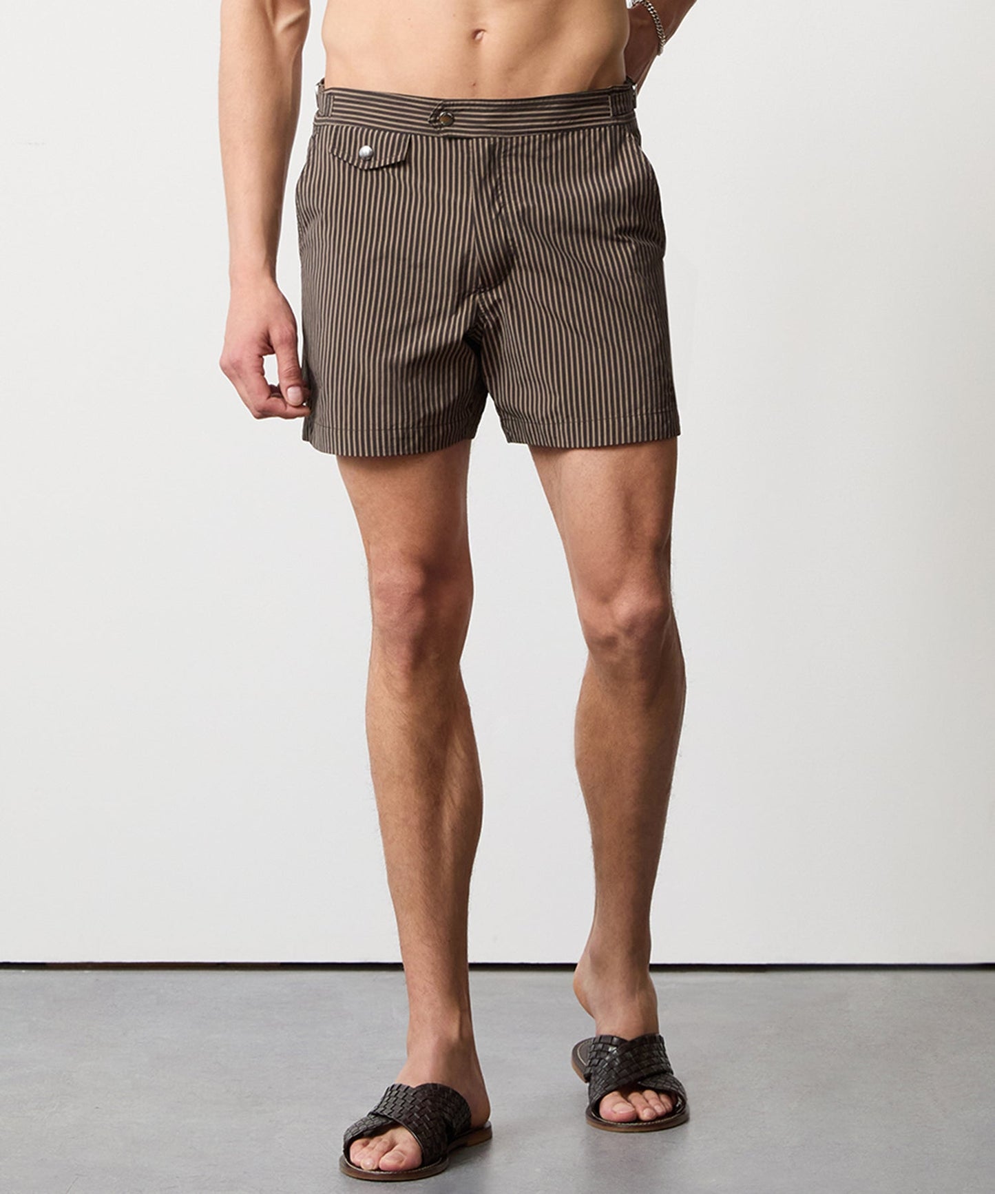 Riviera Swim Short in Olive Pinstripe