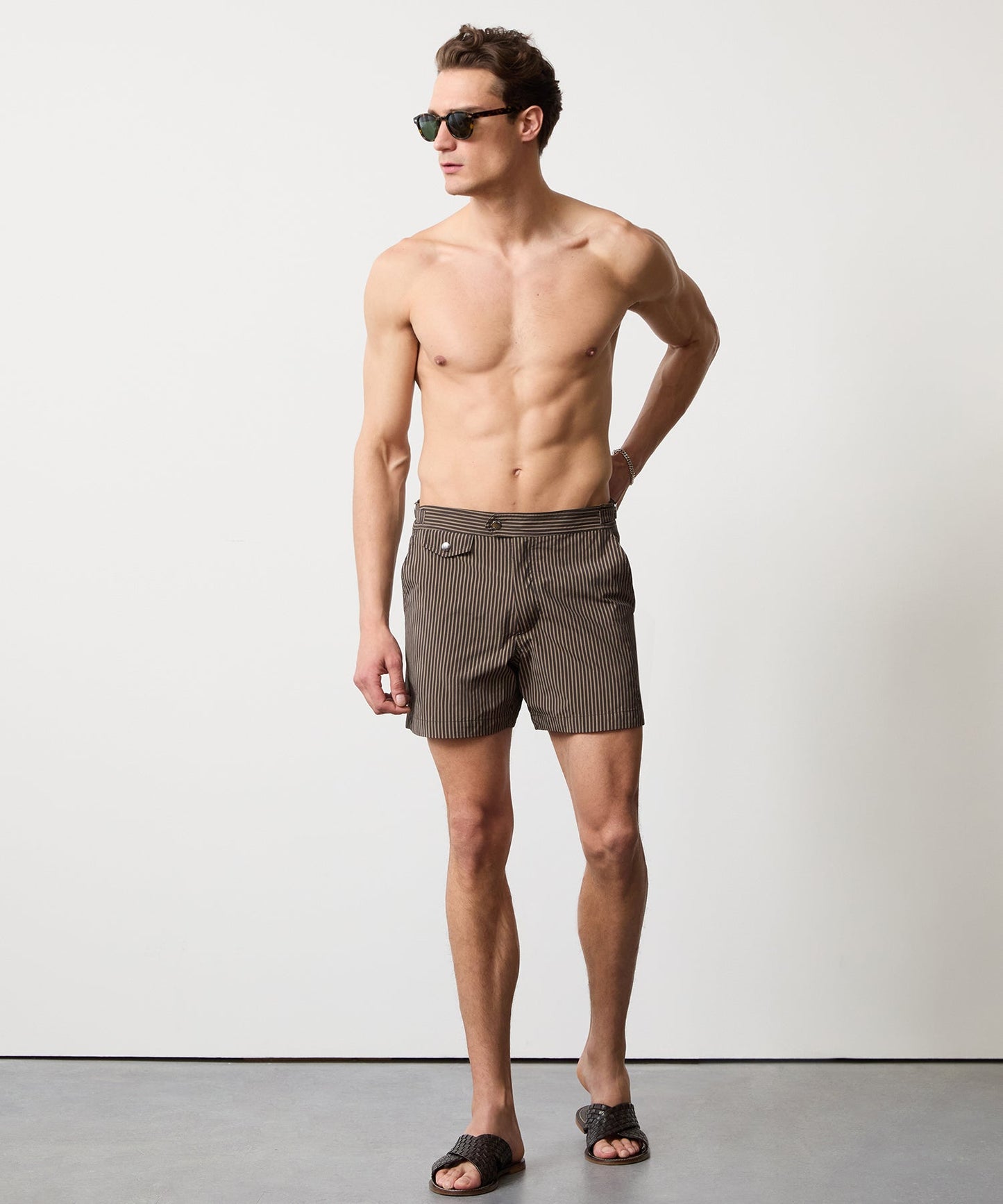 Riviera Swim Short in Olive Pinstripe