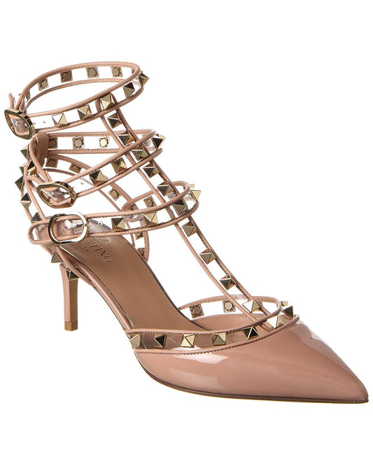 Valentino Rockstud Caged 65 Patent & Vinyl Ankle Strap Pump