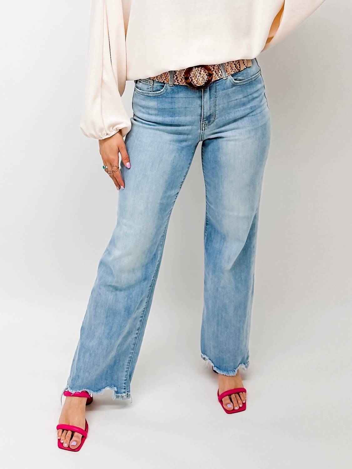 High Waisted Destroyed Hem Straight Leg Jeans In Light Wash Denim