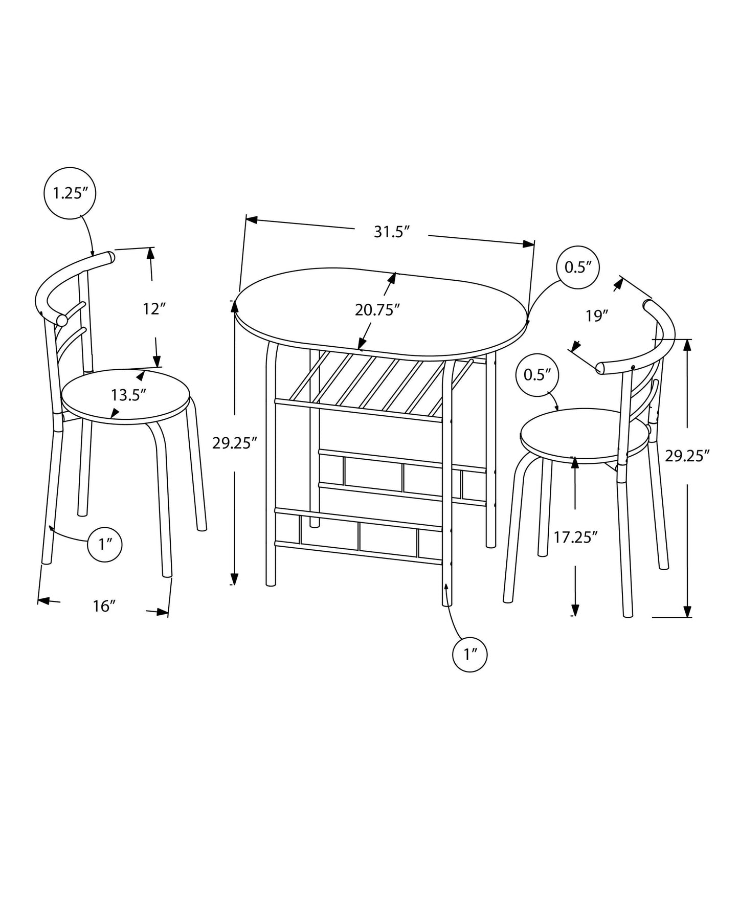 Dining Set - 3Pcs Set / Dark Taupe Top / Black Metal