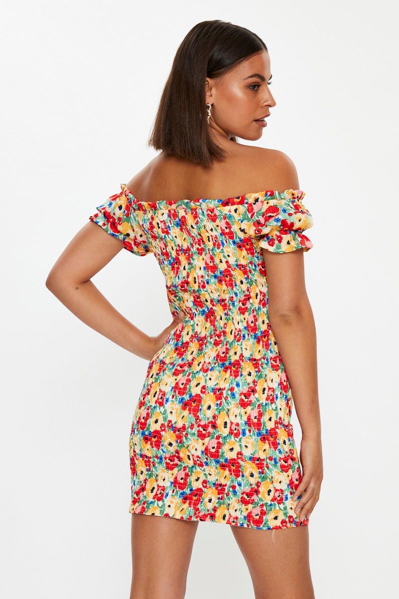 Print Off Shoulder Bustier Mini Dress