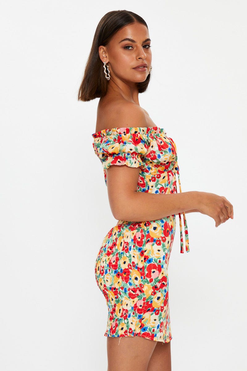 Print Off Shoulder Bustier Mini Dress