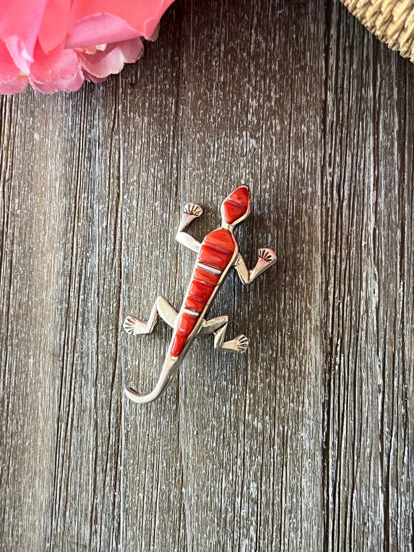 Navajo Coral & Sterling Silver Cobblestone Lizard Pin