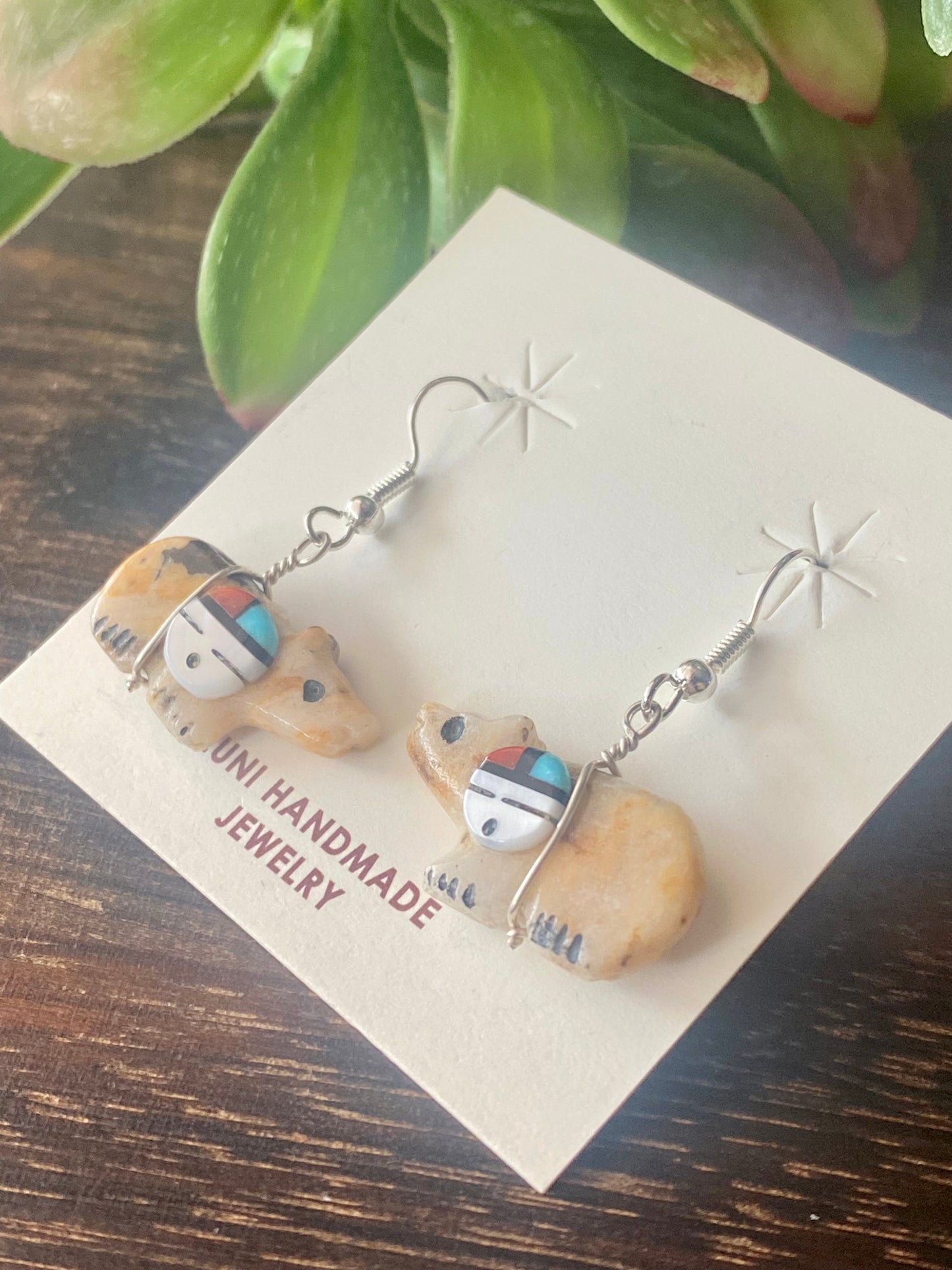 Zuni Made Multi Stone & Sterling Silver Sunface Bear Dangle Earrings