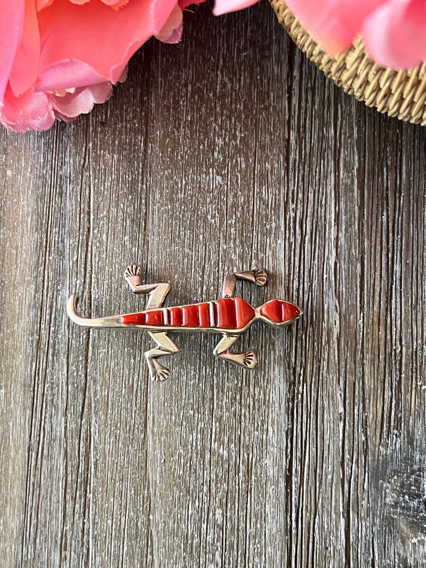 Navajo Coral & Sterling Silver Cobblestone Lizard Pin