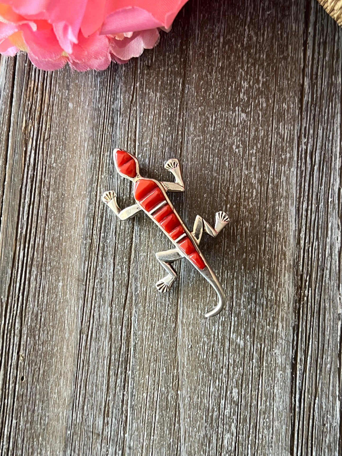 Navajo Coral & Sterling Silver Cobblestone Lizard Pin