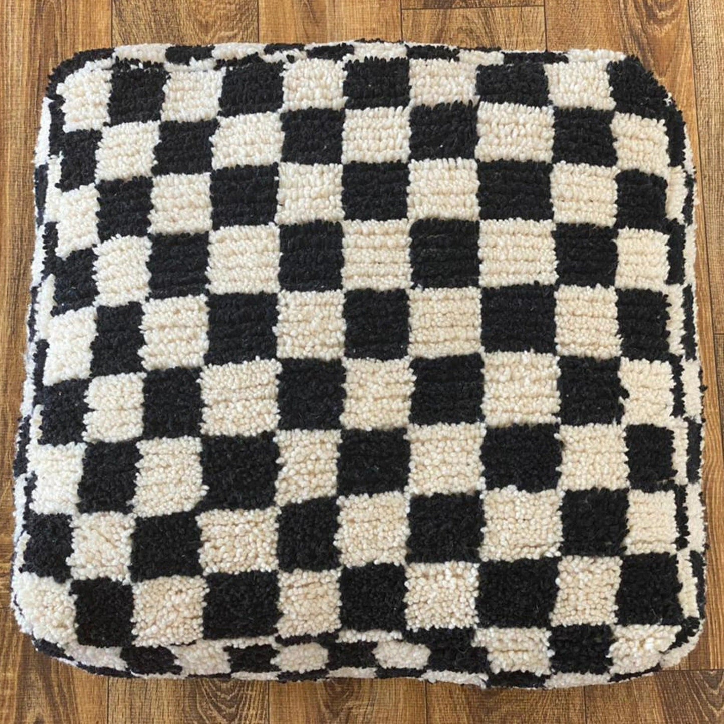 Moroccan Berber Square White & Black Checkered Pouf Ottoman