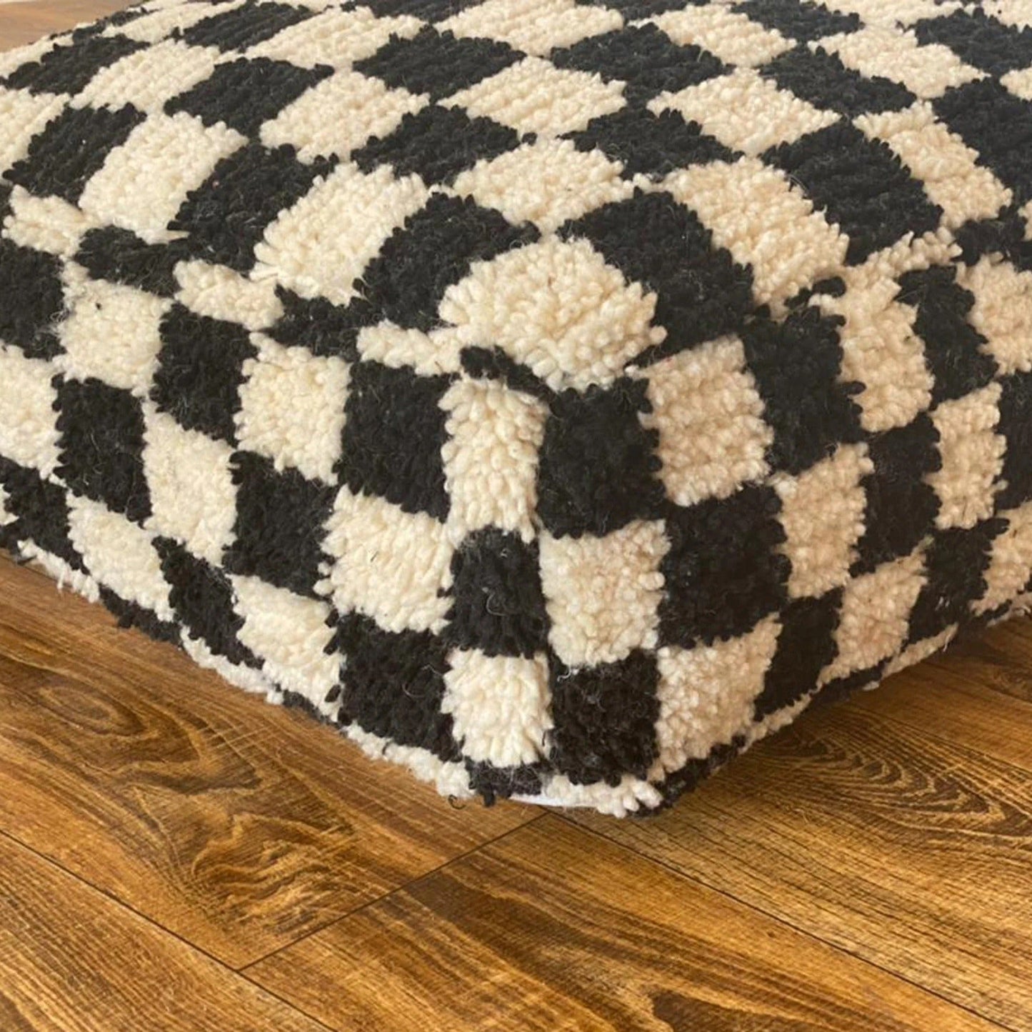 Moroccan Berber Square White & Black Checkered Pouf Ottoman