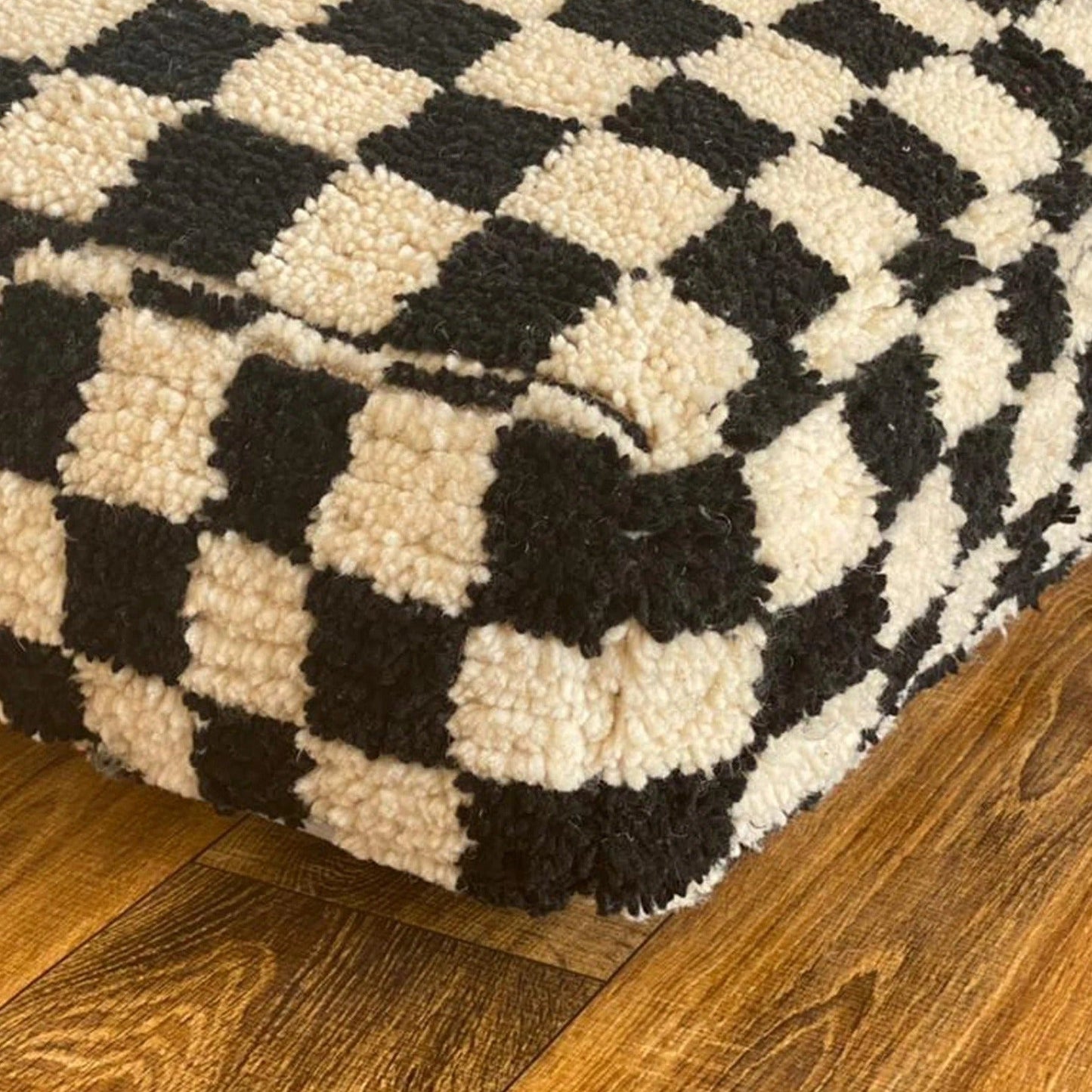 Moroccan Berber Square White & Black Checkered Pouf Ottoman