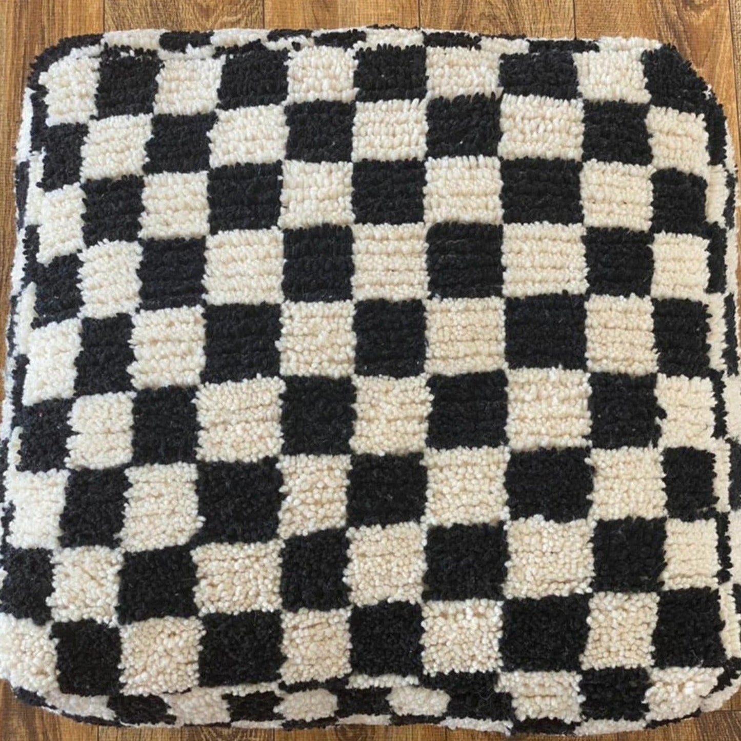 Moroccan Berber Square White & Black Checkered Pouf Ottoman